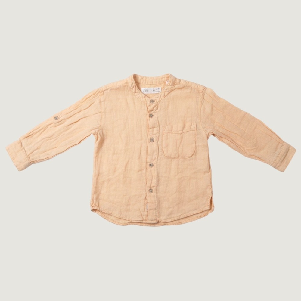 Zara Kids Peach Linen Blend Mandarin Collar Button Down Shirt Size 2 Year